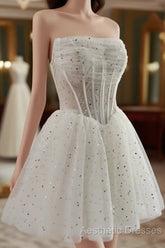 White A-Line Tulle Star Short Evening Prom Dresses, White Cute Homecoming Dresses